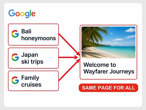 Wayfarer Journeys ads for Bali honeymoons, Japan ski trips, and family cruises point to one homepage tagged same page for all.
