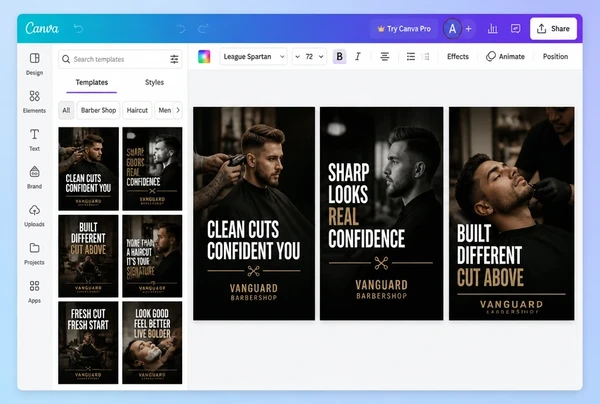 Three versions of one barber shop advert laid out side by side in Canva