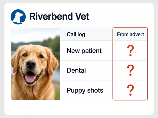 Riverbend Vet call log shows new patient, dental, and puppy shots with red question marks under From advert.
