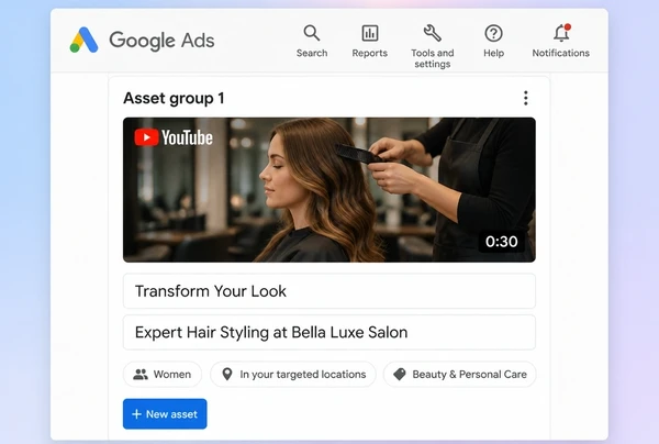 A video campaign in Google Ads holding one hair salon YouTube advert
