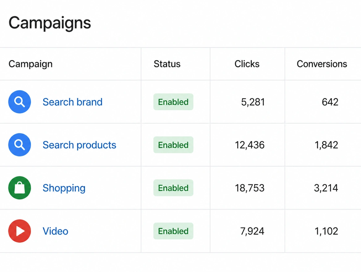 A Google Ads campaigns panel listing four furniture campaigns with clicks and conversions