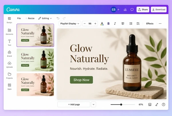 A Canva editor with one skincare advert on the canvas and three versions of it in the panel