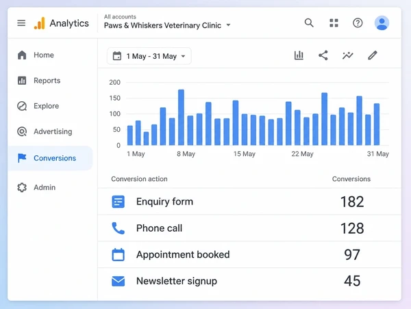 A Google Analytics conversions report counting enquiry forms, calls, bookings and signups