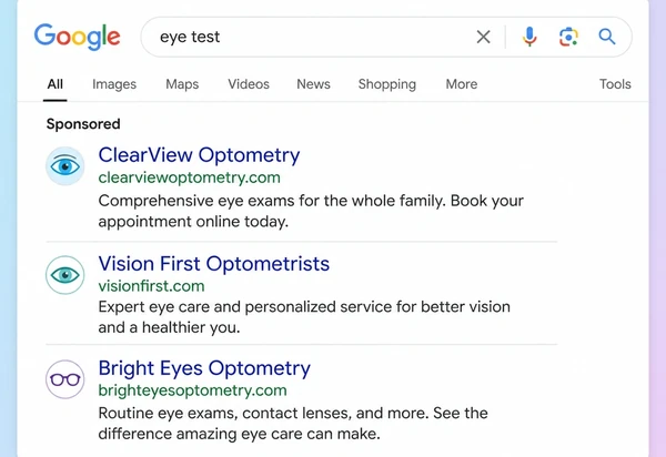 A Google search for an eye test with one sponsored optometry result above two ordinary results