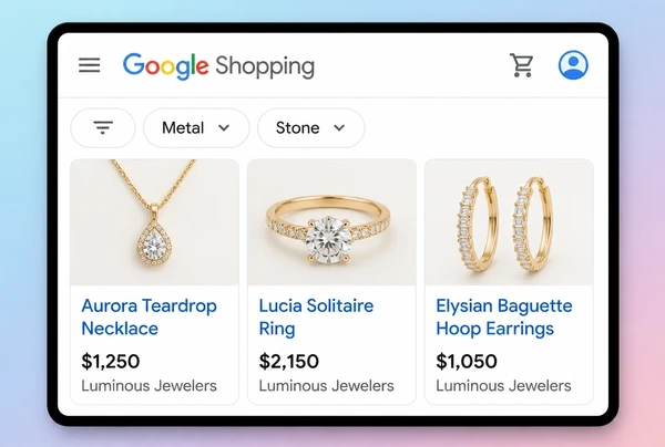 Three Google Shopping cards for a jewellery boutique with photos, names and prices