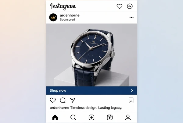 An Instagram sponsored post showing one wristwatch on a plinth with a shop now button