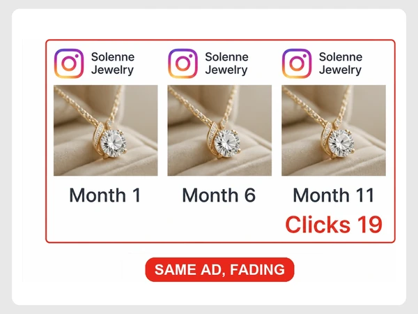 Solenne Jewelry repeats the same Instagram necklace ad through months 1, 6, and 11 as clicks fall to 19.