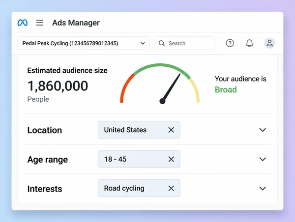A Meta Ads Manager audience panel with a reach dial and rows for location, age and interests