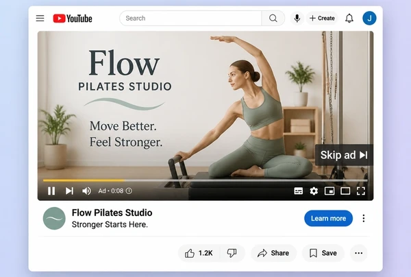 A skippable YouTube advert for a pilates studio playing, with a skip button and a sponsored bar