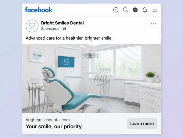 A sponsored Facebook post for a dental clinic with a treatment room photo and a learn more button