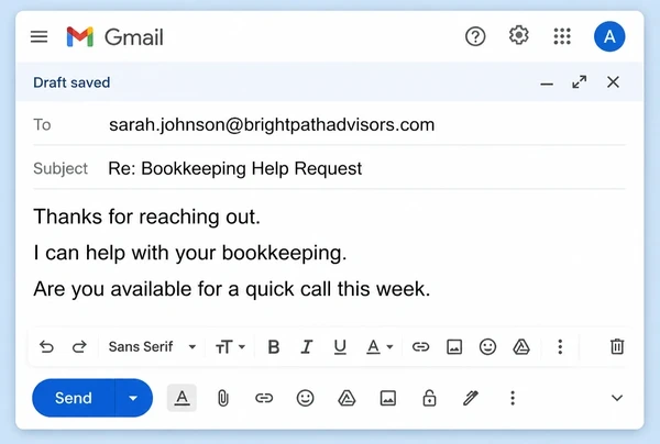 A Gmail draft reply prepared for an accountancy practice to review before sending
