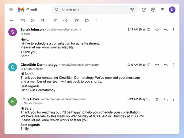 A Gmail thread for a dermatology clinic where an enquiry is acknowledged two minutes after it arrives