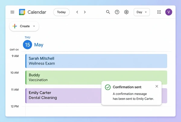 A Google Calendar day for a veterinary practice with three bookings and a sent reminder card