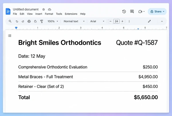 A Google Docs quotation from an orthodontic practice with three line items and a total