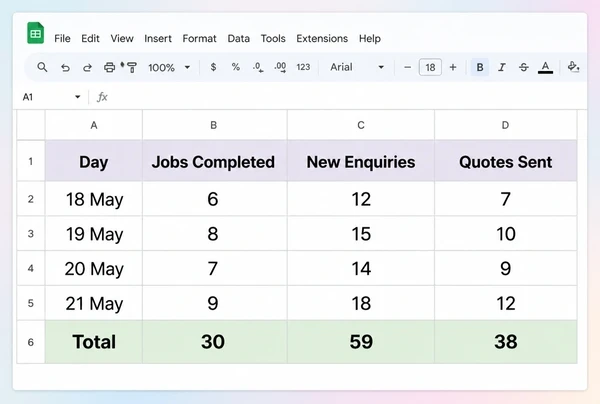 A Google Sheets weekly summary for a wedding planner counting jobs, enquiries and quotes by day