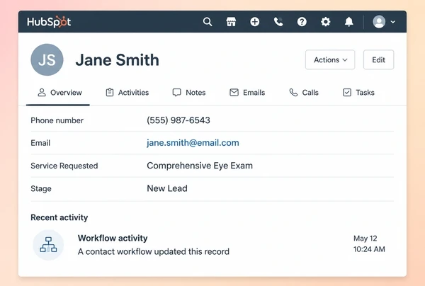 A HubSpot contact record for an optometry practice customer with four fields filled by a workflow