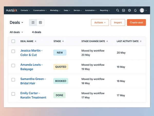 A HubSpot deal list for a hair salon with four jobs moved between stages by a workflow