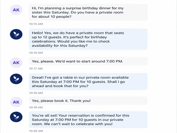 Message thread where a customer question is answered and a booking is taken