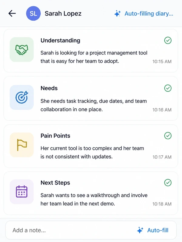 Mobile diary filling itself from a customer conversation