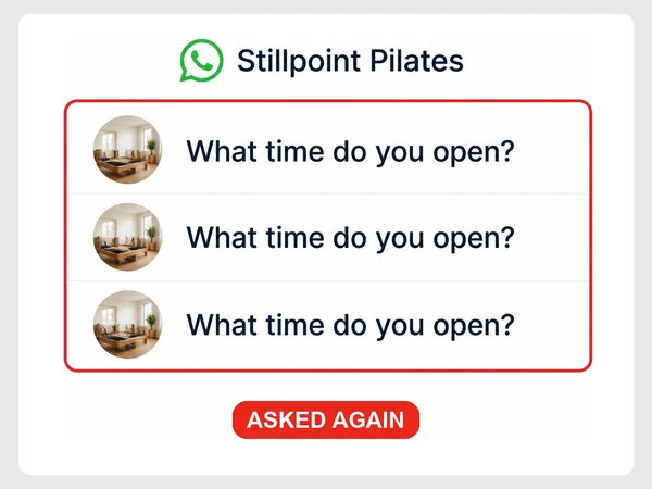 Stillpoint Pilates receives the same WhatsApp question about opening time in three separate chats.