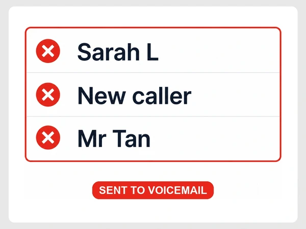 Meadowbrook Vet sends calls from Sarah L, a new caller, and Mr Tan to voicemail.