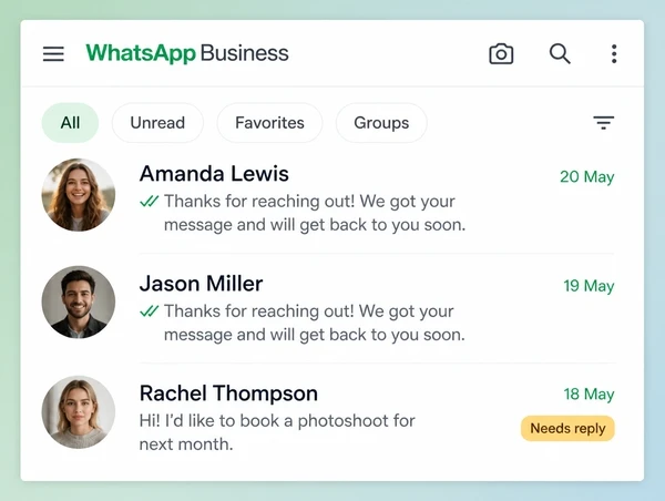 A WhatsApp Business inbox for a photography studio with two answered chats and one passed to a person