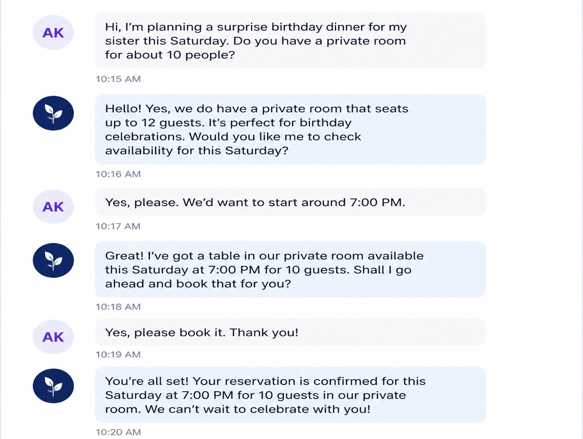Message thread where a customer question is answered and a booking is taken