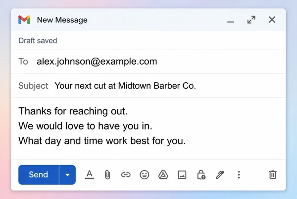 A Gmail draft reply prepared for a barber shop to review before sending