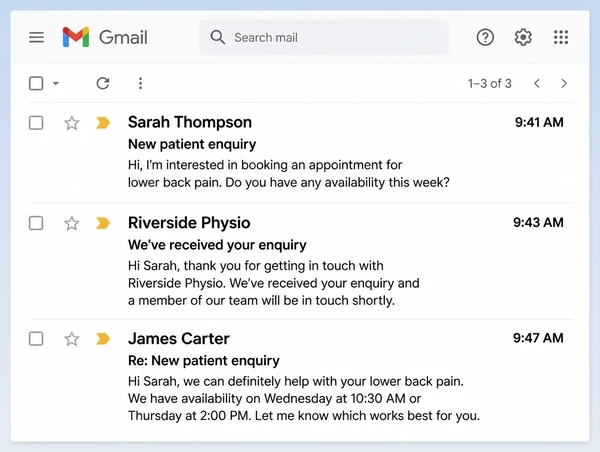 A Gmail thread for a physiotherapy practice where an enquiry is acknowledged two minutes after it arrives
