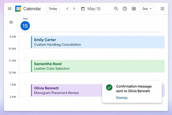 A Google Calendar day for a handbag brand with three bookings and a sent reminder card