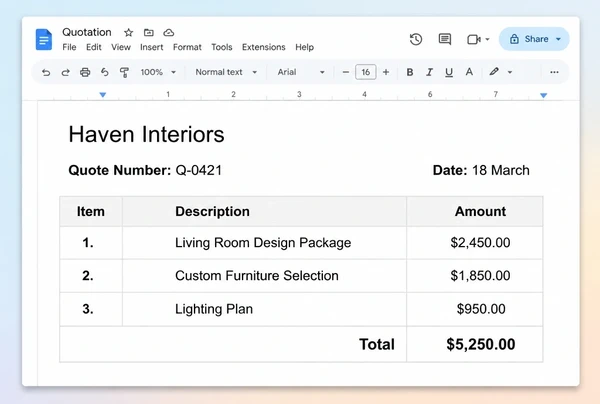A Google Docs quotation from an interior design studio with three line items and a total