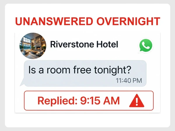 Riverstone Hotel WhatsApp chat leaves a room request from 11:40 PM unanswered until 9:15 AM.