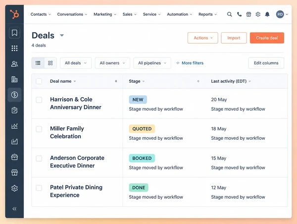 A HubSpot deal list for a fine dining restaurant with four jobs moved between stages by a workflow