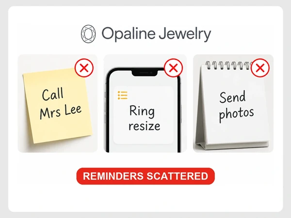 Opaline Jewelry scatters reminders for Mrs Lee, a ring resize, and photos across a sticky note, phone, and calendar.