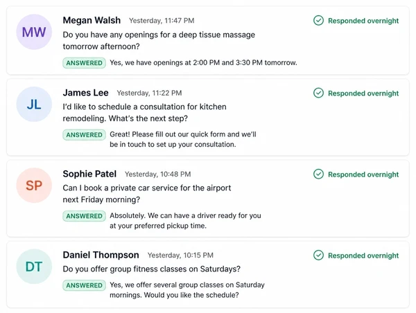 Overnight message queue showing each late request already answered