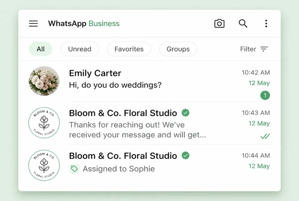 A WhatsApp Business inbox for a florist with an enquiry, an automatic reply and an assignment
