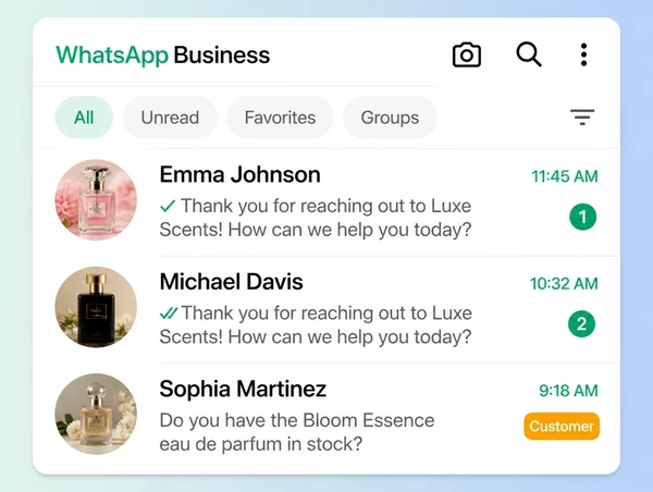 A WhatsApp Business inbox for a perfumery with two answered chats and one passed to a person