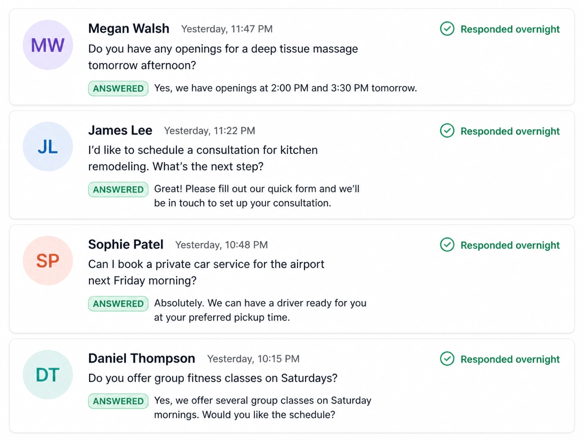 Overnight message queue showing each late request already answered