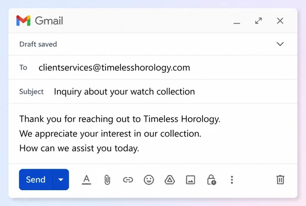 A Gmail draft reply prepared for a luxury watch retailer to review before sending