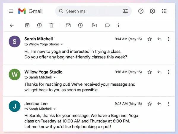 A Gmail thread for a yoga studio where an enquiry is acknowledged two minutes after it arrives