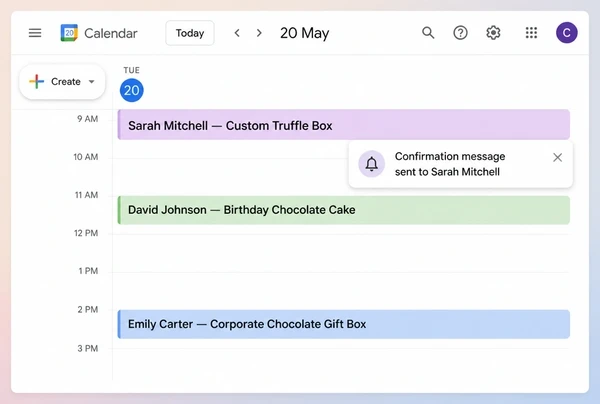 A Google Calendar day for a chocolate maker with three bookings and a sent reminder card