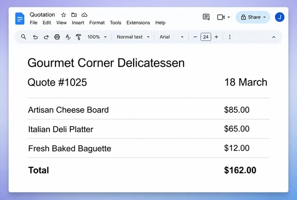 A Google Docs quotation from a delicatessen with three line items and a total