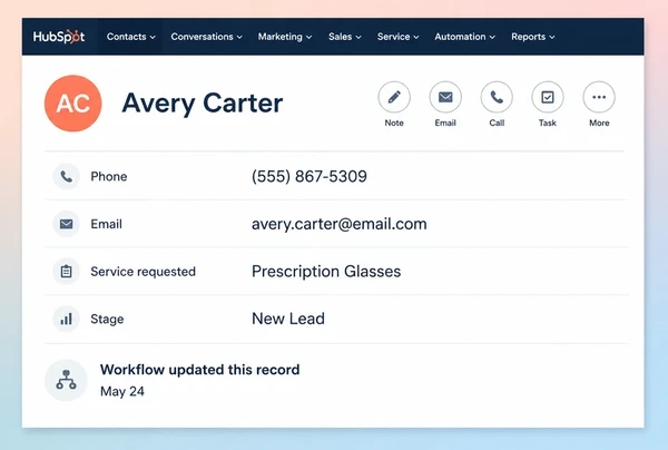 A HubSpot contact record for an eyewear brand customer with four fields filled by a workflow