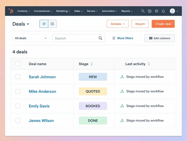 A HubSpot deal list for a boutique gym with four jobs moved between stages by a workflow