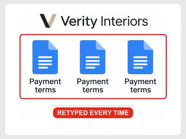 Verity Interiors retypes the same Payment terms clause across three Google Docs proposals.