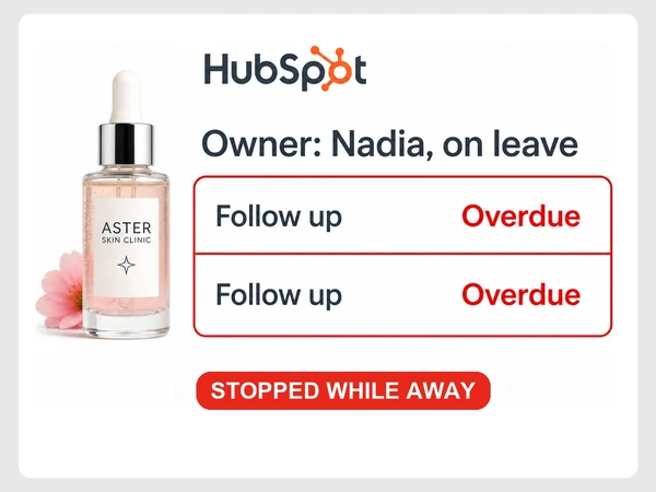Aster Skin Clinic has two overdue HubSpot follow-ups while owner Nadia is on leave.