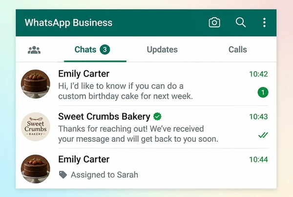 A WhatsApp Business inbox for an artisan bakery with an enquiry, an automatic reply and an assignment