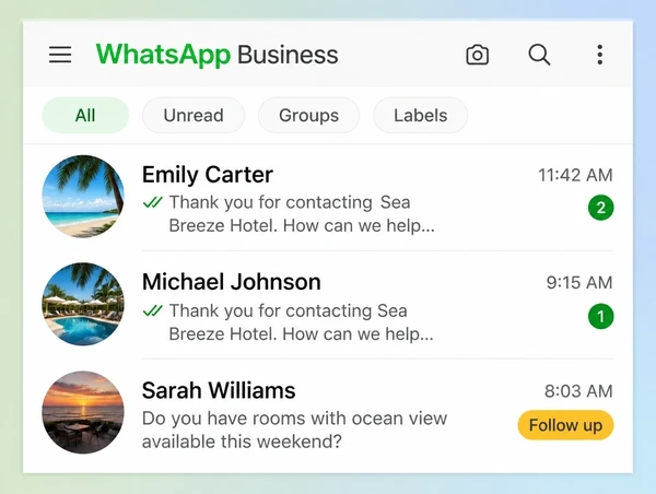 A WhatsApp Business inbox for a boutique hotel with two answered chats and one passed to a person