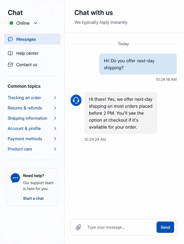 Chat thread showing a customer answered seconds after asking