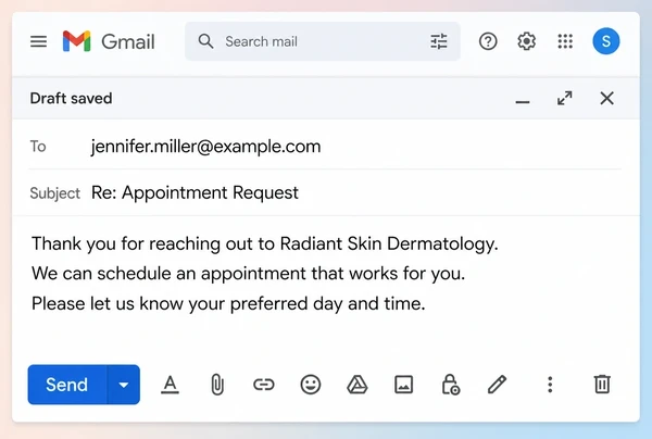 A Gmail draft reply prepared for a dermatology clinic to review before sending